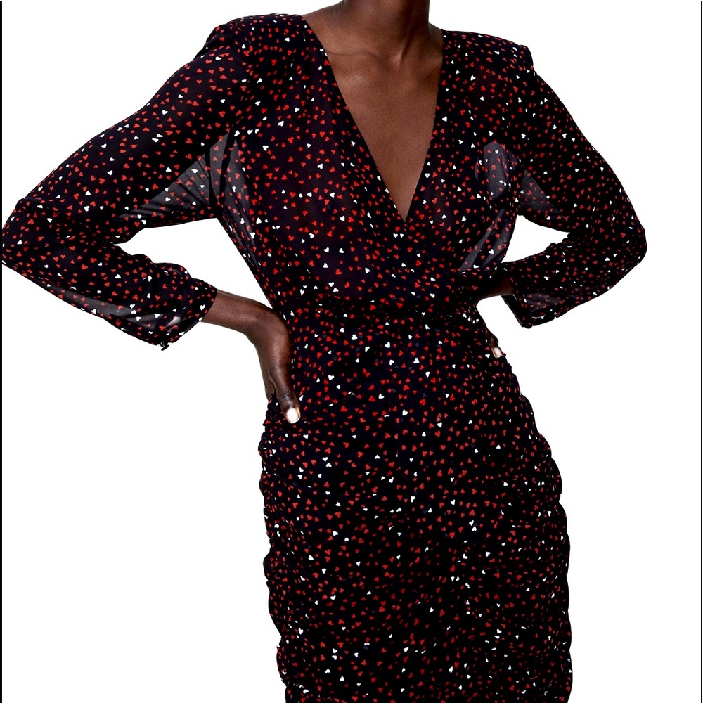 ZARA HEART PRINT Long Sleeve V-Neck Mini DRESS w/ Shoulder Pads Black/Red M NEW